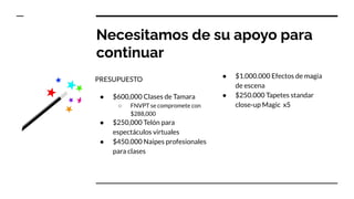 Necesitamos de su apoyo para
continuar
PRESUPUESTO
● $600,000 Clases de Tamara
○ FNVPT se compromete con
$288,000
● $250,000 Telón para
espectáculos virtuales
● $450.000 Naipes profesionales
para clases
● $1.000.000 Efectos de magia
de escena
● $250.000 Tapetes standar
close-up Magic x5
 