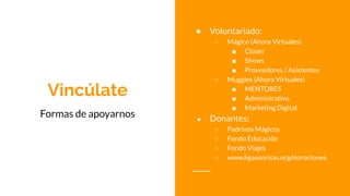 Vincúlate
Formas de apoyarnos
● Voluntariado:
○ Mágico (Ahora Virtuales)
■ Clases
■ Shows
■ Proveedores / Asistentes
○ Muggles (Ahora Virtuales)
■ MENTORES
■ Administrativo
■ Marketing Digital
● Donantes:
○ Padrinos Mágicos
○ Fondo Educación
○ Fondo Viajes
○ www.ligasonrisas.org/donaciones
 