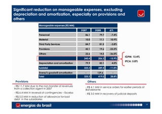 Significant reduction on manageable expenses, excluding
depreciation and amortization, especially on provisions and
others
                     Manageable expenses (R$ MM)

                                                       2Q07        2Q08        ∆%
                     Personnel                            86.1          79.7    -7.4%
                     Material                             10.0          11.1   10.9%

                     Third Party Services                 84.7          81.5    -3.8%

                     Provisions                           42.1          19.6   -53.5%

                     Others                               22.6          14.5   -36.0%
                                                                                            IGPM: 13.4%
                                                         245.4         206.3   -15.9%
                                                                                            IPCA: 5.8%
                     Depreciation and amortization        79.9          83.1     4.0%

                     Subtotal                            325.3         289.4   -11.0%

                     Enersul's goodwill amortization      -            129.6     -
                     Total                               325.3         419.0   28.8%

 Provisions                                                   Others
- R$ 11.7 MM due to the non-transfer of revenues          - R$ 4.1 MM in service orders for earlier periods at
from a collection agent in 2007                           Bandeirante
- R$ 6.4 MM in reversal of contingencies – Escelsa        - R$ 3.0 MM in recovery of judicial deposits
- R$ 5.0 MM in reduction of allowance for bad
debt in the subsidiaries

                                                                                                                 19
 