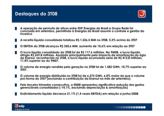 Destaques do 3T08

█   A operação de permuta de ativos entre EDP Energias do Brasil e Grupo Rede foi
    concluída em setembro, permitindo à Energias do Brasil assumir o controle e gestão da
    Investco

█   A receita líquida consolidada totalizou R$ 1.226,5 MM no 3T08, 5,2% acima do 3T07

█   O EBITDA do 3T08 alcançou R$ 350,6 MM, aumento de 10,6% em relação ao 3T07

█   O lucro líquido consolidado do 3T08 foi de R$ 117,6 milhões. No 9M08, o lucro líquido
    atingiu R$ 269,8 milhões. Ajustado principalmente pelo impacto da amortização do ágio
    da Enersul, reconhecido no 2T08, o lucro líquido acumulado seria de R$ 413,8 milhões,
    11,4% superior ao do 9M07.

█   O volume de energia vendida pela geração no 3T08 foi de 1.582 GWh, 10,7% superior ao
    3T07.

█   O volume de energia distribuída no 3T08 foi de 6.273 GWh, 6,0% maior do que o volume
    pró-forma do 3T07 (excluindo a contribuição da Enersul no mês de setembro).

█   Pelo terceiro trimestre consecutivo, a ENBR apresentou significativa redução dos gastos
    gerenciáveis consolidados (-14,1%, excluindo depreciação & amortização)

█   Endividamento líquido decresce 21,1% (1,4 vezes EBITDA) em relação a junho/2008



                                                                                              3
 