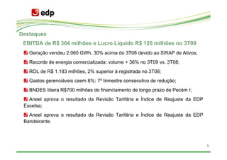 Destaques
 EBITDA de R$ 364 milhões e Lucro Líquido R$ 120 milhões no 3T09
   Geração vendeu 2.060 GWh, 30% acima do 3T08 devido ao SWAP de Ativos;
   Recorde de energia comercializada: volume + 36% no 3T09 vs. 3T08;
   ROL de R$ 1.183 milhões, 2% superior à registrada no 3T08;
   Gastos gerenciáveis caem 8%: 7º trimestre consecutivo de redução;
   BNDES libera R$700 milhões do financiamento de longo prazo de Pecém I;
   Aneel aprova o resultado da Revisão Tarifária e Índice de Reajuste da EDP
 Escelsa;
   Aneel aprova o resultado da Revisão Tarifária e Índice de Reajuste da EDP
 Bandeirante.



                                                                               3
 