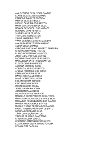 ANA GEÓRGIA DE OLIVEIRA SANTOS
ELAINE SILVA ALVES ANDRADE
FRANCINE DA SILVA ROSEIRA
IARA DA SILVA BARBOSA
LUCINEI OLIVEIRA DOS SANTOS
MARY VIANA PEREIRA DA SILVA
MÔNICA DE SOUZA LELIS MORAES
RONALDO VITAL PEREIRA
SHIRLEY SILVA DE MELO
THIARA DE JESUS MATOS
VANDA JAMBEIRO LEITE
VÂNIA DE CÁSSIA CRISPIM DA SILVA
ANA ELIZABETH TEIXEIRA ARAÚJO
ADSON LESSA SOARES
CAROLINE CARVALHO BARRETO FERREIRA
CRISPINA OTÁVIO DE FREITAS
FLAVIO MONTEIRO DOS SANTOS
JOMARA DE ANDRADE BARROS
LUCIANA FRANCISCA DE AZEVEDO
MARIA LÚCIA BATISTA DOS SANTOS
ELEUZA OLIVEIRA MENDES
ADRIANA BRITO DE JESUS
ADRIELE ALVES DOS SANTOS
ARLENE RODRIGUES DE JESUS
CAMILA NOGUEIRA SILVA
DAYSE KELLY ALVES MELO
DIANE GOMES DE ALMEIDA
EDILENE SOUZA BORGES
ERIC SANTOS BORGES
IZIELTE LIMA DE SOUZA
JÉSSICA PEREIRA SOUZA
JOÃO BATISTA AVELINO
LUDIMILA SANTOS ANDRADE
MANOELA DÓRIA PEREIRA DE OLIVEIRA
MARIA AUXILIADORA DOS SANTOS SILVA
MARIA DAS NEVES BATISTA DOS SANTOS
MARÍLIA ANDRADE DOS SANTOS
MURILO THIAGO PEREIRA DOS SANTOS
PAULO ROBERTO FERREIRA DE BRITO
SANDRA CORRÊA DA SILVA
TÂNIA CONCEIÇÃO SANTOS
VIRGINIA DE JESUS SANT’ANNA
CRISPINA SOUZA SOBRAL
CRISTIANE SANTOS RIBEIRO ALVES
ELIANA MARIA VIEIRA MATOS PÓVORA
LEILA DUTRA DA SILVA
 