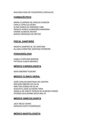 WALESKA DIAS DE FIGUEIREDO CARVALHO
FARMACÊUTICO
MARIA CLARINDA DE ARAÚJO ALMEIDA
CARLA LOPES OLIVEIRA
ALINE NUNES DE ANDRADE LIMA
RENATA AÚREA GUIMARÃES MARONINI
KARINE ALMEIDA XAVIER
BIANCA MARQUES DE MATOS
FISCAL SANITÁRIO
RENATA SAMPAIO M. DE SANTANA
ALLANA CHRISTINE SANTANA FERREIRA
FONAUDIÓLOGO
CAMILA FORTUNA BARROS
PATRICIA CUNHA MENDES
MÉDICO CARDIOLOGISTA
INAIÁ AMORIM TEIXEIRA
MÉDICO CLÍNICO GERAL
JOSÉ CARLOS MASTIQUE DE CASTRO
ADILSON RIBEIRO DA SILVA
AMILTON GOMES DA SILVA
AUGUSTO JOSÉ OLIVEIRA FARO
ANGELA DE SANTA TEREZA DE ALMEIDA FARIAS
AFONSO GUILHERME NEIVA MALTA
MÉDICO GINECOLOGISTA
JACY REGO VIEIRA
GEDEON COSTA RODRIGUES
MÉDICO MASTOLOGISTA
 