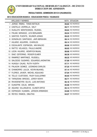 APELLIDOS Y NOMBRES
0913 EDUCACION BASICA - EDUCACION FISICA / HUANUCO
NOTA SITUACION
UNIVERSIDAD NACIONAL HERMILIO VALDIZÁN - HUÁNUCO
DIRECCION DE ADMISION
RESULTADOS: ADMISION 2015 II (HUANUCO)
09.821 JORGE RIMAC, TANIA NATALIA NO INGRESO
09.712 CASTILLO ZORRILLA, SALY NO INGRESO
09.643 HUALLPA MONTESINOS, RUSSEL NO INGRESO
09.544 PALMA MONAGO, LEVI BENJAMIN NO INGRESO
09.255 SANTOS PUENTE, WUINER JONAS NO INGRESO
09.146 GONZALES SANTIAGO, JAIR ABRAHAN NO INGRESO
09.147 HILARIO AGUIRRE, CHARLES NO INGRESO
08.968 ESCALANTE ESPINOZA, IAN WALDO NO INGRESO
08.939 RATTO VELASCO, PAULO ANDRE NO INGRESO
08.6810 LEON HILARIO, HENRYCK MIJAIL NO INGRESO
08.3911 DIAZ CEFERINO, ROGER ELMER NO INGRESO
08.3212 RAMIREZ MARTINEZ, RUSSELL NO INGRESO
07.8913 SALCEDO SUDARIO, EDUARDO JHONATAN NO INGRESO
07.7114 HUAQUI CAJAS, RUTH YUDITH NO INGRESO
07.2515 PALACIN GOMEZ, LEONIDAS CARLOS NO INGRESO
07.1416 CHAMORRO JULCA, KEVIN MIJHAEL NO INGRESO
07.0417 FLORES JAVIER, MICHEL AQUILINO NO INGRESO
06.9318 TELLO CUSTODIO, RUDY GUILLERMO NO INGRESO
06.7119 TARAZONA BRIOSO, JORDY KENYI NO INGRESO
06.1820 RIVADENEYRA SILVA, LUIS ANTONIO NO INGRESO
05.9621 EUNOFRE CELIS, MIRIAN NO INGRESO
05.1422 AQUINO VILLANUEVA, CLINER ORTIZ NO INGRESO
04.8923 ESPINOZA HUAMAN, JERSON ARMANDO NO INGRESO
04.5724 REYES RAMOS, OBLITAS NO INGRESO
1 / 1 29/03/2015 12:36:46p.m.
 