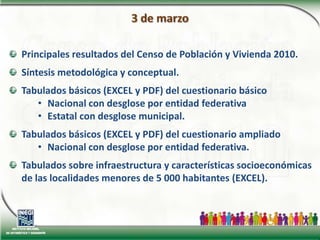 3 de marzoPrincipales resultados del Censo de Población y Vivienda 2010.Síntesis metodológica y conceptual.Tabulados básicos (EXCEL y PDF) del cuestionario básicoNacional con desglose por entidad federativa