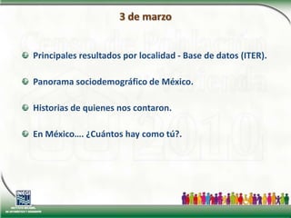 Estatal con desglose municipal.Tabulados básicos (EXCEL y PDF) del cuestionario ampliadoNacional con desglose por entidad federativa.Tabulados sobre infraestructura y características socioeconómicasde las localidades menores de 5 000 habitantes (EXCEL).