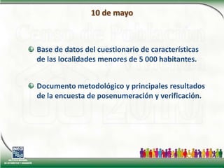 31 de marzoDocumento metodológico de la muestra censal.Tabulados básicos (EXCEL y PDF) del cuestionario ampliadoEstatal con desglose municipal.Base de datos de la muestra censal.