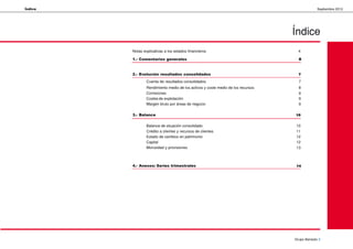 Índice                                                                                         Septiembre 2012




                                                                                  Índice
         Notas explicativas a los estados financieros                               4

         1.- Comentarios generales                                                  5


         2.- Evolución resultados consolidados                                      7
                 Cuenta de resultados consolidados                                  7
                 Rendimiento medio de los activos y coste medio de los recursos     8
                 Comisiones                                                         9
                 Costes de explotación                                              9
                 Margen bruto por áreas de negocio                                  9

         3.- Balance                                                              10

                 Balance de situación consolidado                                  10
                 Crédito a clientes y recursos de clientes                         11
                 Estado de cambios en patrimonio                                   12
                 Capital                                                           12
                 Morosidad y provisiones                                           13



         4.- Anexos: Series trimestrales                                           14




                                                                                  Grupo Banesto 3
 