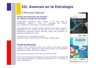 III. Avances en la Estrategia
      4.Persona Natural
Frente de Promoción del mercado
de valores a través de mercadeo
• Capacitación estratégica para movilizar a las SCB hacia la
masificación:  talleres  y    foros  en:    estrategia del océano
azul, competencia comerciales y mercadeo estratégico.

• Investigaciones de mercado: Estudio Sindicado para medir el Nivel de
Satisfacción de los clientes de las SCB y Top of mind (2010) y
Perfilamiento Segmento Cliente Potencial, hacia este segmento se
dirigirán los esfuerzo en el 2010

• Participación en comunidades virtuales:
Facebook, twitter, Youtube, Word Press, flyker y Google Maps.




Frente de Educación
• Cursos cortos, intermedios sobre como invertir en acciones, carteras
colectivas y divisas. También se están dando charlas con especialistas
conozcamos la Bolsa, SPF, AMV y E-trading.

•Concurso bolsa millonaria con 5.661 inscritos en el 2010

•Concurso Arquitectos del mercado que busca fomentar la investigación
de los aspectos legales y económicos relacionados con el mercado de
valores colombiano.
 