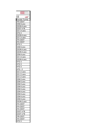 Escola Turma
4ºA CEST
CEM 4.ano
CEON 4.ano
CEST 4.ºB
CE C 4.ano
ATG 3
CEON 4.ano
CE C 4.ano
3ºA CEST
4ºA CEST
ATG 3
CEM 4.ano
CEON 4.ano
CEON 4.ano
CEM 4.ano
CE C 4.ano
CEON 4.ano
ATG 3
ATG 3
ATG 3
ATG - 2
CE C 3.ano
CE C 3.ano
CE C 3.ano
CEM 3.ano
CEM 3.ano
CEM 3.ano
CEM 4.ano
CEM 4.ano
CEM 4.ano
CEM 4.ano
CEM 4.ano
CEM 4.ano
CEON 3.ano
4ºA CEST
4ºA CEST
4ºA CEST
CEST 4.ºB
CEST 4.ºB
3ºB CEST
3ºA CEST
ATG 3
s Escolares
DE LEITURA 2015
 
