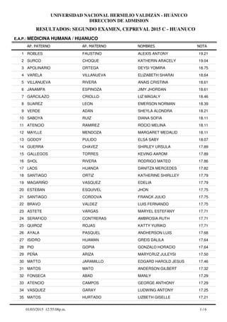 RESULTADOS: SEGUNDO EXAMEN, CEPREVAL 2015 C - HUANUCO
UNIVERSIDAD NACIONAL HERMILIO VALDIZÁN - HUÁNUCO
DIRECCION DE ADMISION
AP. PATERNO
E.A.P.: MEDICINA HUMANA / HUANUCO
AP. MATERNO NOMBRES NOTA
ROBLES FAUSTINO ALEXIS ANTONY1 19.21
SURCO CHOQUE KATHERIN ARACELY2 19.04
APOLINARIO ORTEGA DEYSI YOMIRA3 18.75
VARELA VILLANUEVA ELIZABETH SHARAI4 18.64
VILLANUEVA RIVERA ANAIS CRISTINA5 18.61
JANAMPA ESPINOZA JIMY JHORDAN6 18.61
GARCILAZO CRIOLLO LIZ MAGALY7 18.46
SUAREZ LEON EMERSON NORMAN8 18.39
VERDE ADAN SHEYLA ALONDRA9 18.21
SABOYA RUIZ DIANA SOFIA10 18.11
ATENCIO RAMIREZ ROCIO MELINA11 18.11
MAYLLE MENDOZA MARGARET MEDALID12 18.11
GODOY PULIDO ELSA SABY13 18.07
GUERRA CHAVEZ SHIRLEY URSULA14 17.89
GALLEGOS TORRES KEVING AAROM15 17.89
SHOL RIVERA RODRIGO MATEO16 17.86
LAOS HUANCA DANITZA MERCEDES17 17.82
SANTIAGO ORTIZ KATHERINE SHIRLLEY18 17.79
MAGARIÑO VASQUEZ EDELIA19 17.79
ESTEBAN ESQUIVEL JHON20 17.75
SANTIAGO CORDOVA FRANCK JULIO21 17.75
BRAVO VALDEZ LUIS FERNANDO22 17.75
ASTETE VARGAS MARYEL ESTEFANY23 17.71
SERAFICO CONTRERAS AMBROSIA RUTH24 17.71
QUIROZ ROJAS KATTY YURIKO25 17.71
AYALA PASQUEL ANDHERSON LUIS26 17.68
ISIDRO HUAMAN GREIS DALILA27 17.64
PIO GOPIA GONZALO HORACIO28 17.64
PEÑA ARIZA MARYCRUZ JULEYSI29 17.50
MATTO JARAMILLO EDGARD HAROLD JESUS30 17.46
MATOS MATO ANDERSON GILBERT31 17.32
FONSECA ABAD MANLY32 17.29
ATENCIO CAMPOS GEORGE ANTHONY33 17.29
VASQUEZ GARAY LUDWING ANTONY34 17.25
MATOS HURTADO LIZBETH GISELLE35 17.21
1 / 601/03/2015 12:55:08p.m.
 