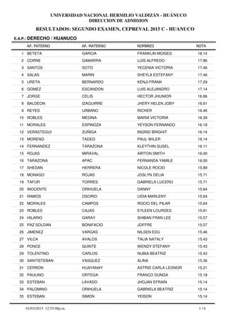 RESULTADOS: SEGUNDO EXAMEN, CEPREVAL 2015 C - HUANUCO
UNIVERSIDAD NACIONAL HERMILIO VALDIZÁN - HUÁNUCO
DIRECCION DE ADMISION
AP. PATERNO
E.A.P.: DERECHO / HUANUCO
AP. MATERNO NOMBRES NOTA
BETETA GARCIA FRANKLIN MOISES1 18.14
CORNE GAMARRA LUIS ALFREDO2 17.86
SANTOS SOTO YECENIA VICTORIA3 17.46
SALAS MARIN SHEYLA ESTEFANY4 17.46
URETA BERNARDO KENJI FRANK5 17.29
GOMEZ ESCANDON LUIS ALEJANDRO6 17.14
JORGE CELIS HECTOR JHUNIOR7 16.86
BALDEON IZAGUIRRE JHERY HELEN JOBY8 16.61
REYES URBANO RICHER9 16.46
ROBLES MEDINA MARIA VICTORIA10 16.39
MORALES ESPINOZA YEYSON FERNANDO11 16.18
VERASTEGUI ZUÑIGA INGRID BRIGHIT12 16.14
MORENO TADEO PAUL WILER13 16.14
FERNANDEZ TARAZONA KLEYTHIN SUSEL14 16.11
ROJAS MIRAVAL AIRTON SMITH15 16.00
TARAZONA APAC FERNANDA YAMILE16 16.00
SHEDAN HERRERA NICOLE ROCIO17 15.89
MONAGO ROJAS JOSLYN DELIA18 15.71
TAFUR TORRES GABRIELA LUCERO19 15.71
INOCENTE ORIHUELA DANNY20 15.64
RAMOS OSORIO LIDIA MARLENY21 15.64
MORALES CAMPOS ROCIO DEL PILAR22 15.64
ROBLES CAJAS EYLEEN LOURDES23 15.61
HILARIO GARAY SHIBAN FRAN LEE24 15.57
PAZ SOLDAN BONIFACIO JOFFRE25 15.57
JIMENEZ VARGAS NILSEN EDU26 15.46
VILCA AVALOS TALIA NATALY27 15.43
PONCE QUINTE WENDY STEFANY28 15.43
TOLENTINO CARLOS NUBIA BEATRIZ29 15.43
SANTISTEBAN VASQUEZ ALINA30 15.36
CERRON HUAYANAY ASTRID CARLA LEONOR31 15.21
PAULINO ORTEGA FRANCO DUNGA32 15.18
ESTEBAN LAVADO JHOJAN EFRAIN33 15.14
PALOMINO ORIHUELA GABRIELA BEATRIZ34 15.14
ESTEBAN SIMON YEISON35 15.14
1 / 601/03/2015 12:55:08p.m.
 