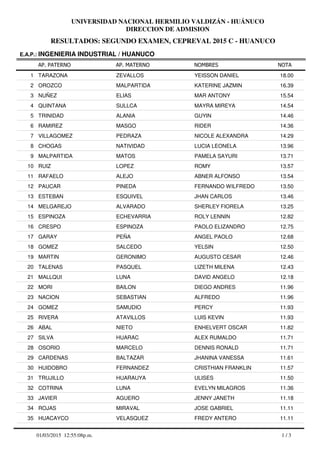 RESULTADOS: SEGUNDO EXAMEN, CEPREVAL 2015 C - HUANUCO
UNIVERSIDAD NACIONAL HERMILIO VALDIZÁN - HUÁNUCO
DIRECCION DE ADMISION
AP. PATERNO
E.A.P.: INGENIERIA INDUSTRIAL / HUANUCO
AP. MATERNO NOMBRES NOTA
TARAZONA ZEVALLOS YEISSON DANIEL1 18.00
OROZCO MALPARTIDA KATERINE JAZMIN2 16.39
NUÑEZ ELIAS MAR ANTONY3 15.54
QUINTANA SULLCA MAYRA MIREYA4 14.54
TRINIDAD ALANIA GUYIN5 14.46
RAMIREZ MASGO RIDER6 14.36
VILLAGOMEZ PEDRAZA NICOLE ALEXANDRA7 14.29
CHOGAS NATIVIDAD LUCIA LEONELA8 13.96
MALPARTIDA MATOS PAMELA SAYURI9 13.71
RUIZ LOPEZ ROMY10 13.57
RAFAELO ALEJO ABNER ALFONSO11 13.54
PAUCAR PINEDA FERNANDO WILFREDO12 13.50
ESTEBAN ESQUIVEL JHAN CARLOS13 13.46
MELGAREJO ALVARADO SHERLEY FIORELA14 13.25
ESPINOZA ECHEVARRIA ROLY LENNIN15 12.82
CRESPO ESPINOZA PAOLO ELIZANDRO16 12.75
GARAY PEÑA ANGEL PAOLO17 12.68
GOMEZ SALCEDO YELSIN18 12.50
MARTIN GERONIMO AUGUSTO CESAR19 12.46
TALENAS PASQUEL LIZETH MILENA20 12.43
MALLQUI LUNA DAVID ANGELO21 12.18
MORI BAILON DIEGO ANDRES22 11.96
NACION SEBASTIAN ALFREDO23 11.96
GOMEZ SAMUDIO PERCY24 11.93
RIVERA ATAVILLOS LUIS KEVIN25 11.93
ABAL NIETO ENHELVERT OSCAR26 11.82
SILVA HUARAC ALEX RUMALDO27 11.71
OSORIO MARCELO DENNIS RONALD28 11.71
CARDENAS BALTAZAR JHANINA VANESSA29 11.61
HUIDOBRO FERNANDEZ CRISTHIAN FRANKLIN30 11.57
TRUJILLO HUARAUYA ULISES31 11.50
COTRINA LUNA EVELYN MILAGROS32 11.36
JAVIER AGUERO JENNY JANETH33 11.18
ROJAS MIRAVAL JOSE GABRIEL34 11.11
HUACAYCO VELASQUEZ FREDY ANTERO35 11.11
1 / 301/03/2015 12:55:08p.m.
 