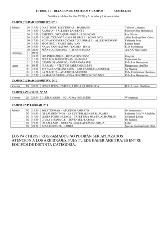 FUTBOL 7 : RELACION DE PARTIDOS Y CAMPOS - ARBITRAJES
Partidos a celebrar los días 29,30, y 31 octubre y 1 de noviembre
CAMPO CIUDAD DEPORTIVA Nº 1
Sábado 30 13:30 D.A.T. INST. ELECTRICAS – BARBUES Talleres Lafuente
30 14:30 ALARCO – TALLERES LAFUENTE Estetica Osca Quirurgica
30 15:30 ESTETICA OSCA QUIRURGICA – USA MOVIL Los Olivos
30 16:30 ACAD.LYCEO/RTE. CASA DE ORO II – LOS OLIVOS Allue Rodrigo/Inst. Costa
30 17:30 NUEVAS GENERACIONES TUCUMBARE – ALLUE RODRIGO Cafeteria Ivan
30 18:30 SPORTING – CAFETERIA IVAN Lauren Team
30 19:30 AA.AA. SAN VIATROS – LAUREN TEAM U.D. Montmesa
30 20:30 PEÑA COLOMBIANA – U.D. MONTMESA AA.AA. San Viator
Domingo 31 09:30
31 10:30 LOS INTOCABLES – DINAMO OSCENSE Imagina
31 11:30 PEÑA LOS BERENEJENAS - IMAGINA Esperanza Sur
31 12:30 CAÑON DE AÑISCLO – ESPERANZA SUR Peña Los Berenjenas
Lunes 01 09:30 HUESJAM – ATLETICO BARRANQUILLAS Restaurante Antillon
01 10:30 RESTAURANTE ANTILLON – BAR CARIBE/C.D.SENTRAL La Placeta
01 11:30 LA PLACETA – ATLETICO LIMONERO Peña Fenómenos Oscenses
01 12:30 LA MAREA VERDE – PEÑA FENOMENOS OSCENSES Peña Los Berenjenas
CAMPO CIUDAD DEPORTIVA Nº 2
Viernes 29 20:30 LOS OLIVOS – ESTETICA OSCA QUIRURGICA D.A.T. Inst. Electricas
CAMPO SAN JORGE Nº 2-2
Viernes 29 20:30 CLUB AMIGOS – SCUADRA DESASTRE Wilsterman
CAMPO UNIVERSIDAD Nº 1
Sabado 30 15:30 WILSTERMAN – ATLETICO AMBATO Os laurentinos
30 16:30 OS LAURENTINOS – LA CULTURAL/HOSTAL JAIME I Cafeteria Mia/JP Albañiles
30 17:30 LEGEA POINT HUESCA – CAFETERIA MIA/J.P. ALBAÑILES Juventud Latina
30 18:30 CHINA CHANA C.F. – JUVENTUD LATINA Os Faltaos
30 19:30 OS FALTAOS – NUEVAS GENERACIONES OMEGA Loher
30 20:30 RES LLORENTE – LOHER Nuevas Generaciones Ome
LOS PARTIDOS PROGRAMADOS NO PODRÁN SER APLAZADOS
ATENCION A LOS ARBITRAJES, PUES PUEDE HABER ARBITRAJES ENTRE
EQUIPOS DE DISTINTA CATEGORIA.
 