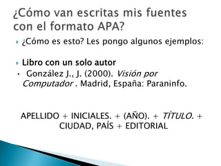    ¿Cómo es esto? Les pongo algunos ejemplos:

Libro con un solo autor
• González J., J. (2000). Visión por
 Computador . Madrid, España: Paraninfo.


    APELLIDO + INICIALES. + (AÑO). + TÍTULO. +
            CIUDAD, PAÍS + EDITORIAL
 