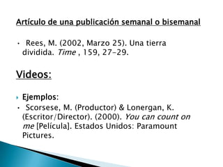 Artículo de una publicación semanal o bisemanal

• Rees, M. (2002, Marzo 25). Una tierra
 dividida. Time , 159, 27-29.

Videos:

Ejemplos:
• Scorsese, M. (Productor) & Lonergan, K.
 (Escritor/Director). (2000). You can count on
 me [Película]. Estados Unidos: Paramount
 Pictures.
 
