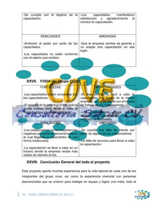 31 .- COVE, CONSULTORIA S.A. DE C.V.
-Se cumplió con el objetivo de la
capacitación.
-Los capacitados manifestaron
satisfacción y agradecimiento al
concluir la capacitación.
DEBILDADES
-Ambición al poder por parte de los
capacitados.
-Los capacitados no están conforme
con el salario que reciben.
AMENAZAS
-Que la empresa cambie de gerente y
no acepte otra capacitación en ese
lugar.
XXVII. FODA del Grupo COVE
FORTALEZAS
-Los capacitados fueron accesibles con
los capacitadores.
-El gerente de la empresa brindó toda la
ayuda posible para llevar a cabo la
capacitación a sus colaboradores.
OPORTUNIDADES
-El área donde se llevó a cabo la
capacitación fue dentro de la misma
empresa, así no se afectó con el horario
de trabajo de los colaboradores.
-Los colaboradores nunca habían
tenido una capacitación que se
enfocara en motivarlos.
DEBILIDADES
-Los colaboradores tenían experiencias
negativas por parte de personal externo
el cual llegaban a capacitarlos de una
forma inadecuada.
-La capacitación se llevó a cabo en un
horario donde la empresa recibe más
visitas de clientes al día.
AMENAZAS
-Se suscitó una falta de interés por
parte de alguno de los colaboradores.
-La falta de recursos para llevar a cabo
la capacitación.
XXVIII. Conclusión General del todo el proyecto
Este proyecto aporto muchas experiencia para la vida laboral de cada uno de los
integrantes del grupo cove, así como la experiencia vivencial con personas
desconocidas que se unieron para trabajar en equipo y lograr una meta, todo el
 