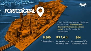 8.500
Colaboradores
R$ 1,6 bi
Em receita nos
últimos 3 anos
304
Empresas em TIC e
Economia Criativa
Criado há 17 anos, com o objetivo de
se tornar uma ferramenta de
desenvolvimento econômico e
social no Recife, capital de
Pernambuco.
 
