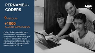 PERNAMBU-
CODERS
Clubes de Programação para
desenvolver o pensamento
computacional, permitindo que
os alunos concluam o ensino
médio com uma formação mais
adequada às demandas atuais
no mercado de TI local.
9 ESCOLAS
+1000
ALUNOS IMPACTADOS
 