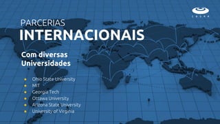 Com diversas
Universidades
● Ohio State University
● MIT
● Georgia Tech
● Ottawa University
● Arizona State University
● University of Virginia
PARCERIAS
INTERNACIONAIS
 