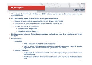 Conclusão
•   O prejuízo de R$ 184,4 milhões em 2005 foi em grande parte decorrente de eventos
    extraordinários
•   As Emissões de Bonds e Debêntures no ano proporcionaram:
     • Redução do custo médio da dívida total de 105,6% CDI para 100,7% CDI
     • Alongamento do prazo médio da dívida total de 2,86 anos para 3,69 anos
     • Elevação dos Ratings da Eletropaulo:
         • Escala Nacional: BB para BBB
         • Escala Internacional: B para B+

•   Destaques operacionais: Redução das perdas e melhoria na taxa de arrecadação ao longo
    de 2005
•   Perspectivas:
     • Resultados:
                     • 2006 - provisões de 2005 não serão recorrentes
                     • 2007 – fim do reconhecimento em balanço das obrigações com Fundo de Pensão
                       registradas como Itens Extraordinários (cerca de R$ 340 milhões)
     • Aspectos Financeiros:
                     • Continuidade da substituição da dívida com credores privados por novas captações com
                       melhores termos
                     • Beneficio da tendência decrescente nas taxas de juros (42,3% da dívida atrelada ao
                       CDI)
                                                                                                       15
 