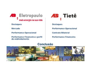 Destaques                         Destaques

Mercado                           Performance Operacional

Performance Operacional           Contrato Bilateral

Performance Financeira e perfil   Performance Financeira
do endividamento

                          Conclusão
 