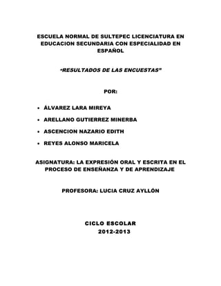 ESCUELA NORMAL DE SULTEPEC LICENCIATURA EN
 EDUCACION SECUNDARIA CON ESPECIALIDAD EN
                 ESPAÑOL


       “RESULTADOS DE LAS ENCUESTAS”



                    POR:


• ÁLVAREZ LARA MIREYA

• ARELLANO GUTIERREZ MINERBA

• ASCENCION NAZARIO EDITH

• REYES ALONSO MARICELA


ASIGNATURA: LA EXPRESIÓN ORAL Y ESCRITA EN EL
   PROCESO DE ENSEÑANZA Y DE APRENDIZAJE



       PROFESORA: LUCIA CRUZ AYLLÓN




              CICLO ESCOLAR
                  2012-2013
 