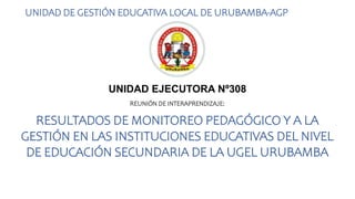 REUNIÓN DE INTERAPRENDIZAJE:
RESULTADOS DE MONITOREO PEDAGÓGICO Y A LA
GESTIÓN EN LAS INSTITUCIONES EDUCATIVAS DEL NIVEL
DE EDUCACIÓN SECUNDARIA DE LA UGEL URUBAMBA
UNIDAD DE GESTIÓN EDUCATIVA LOCAL DE URUBAMBA-AGP
UNIDAD EJECUTORA Nº308
 