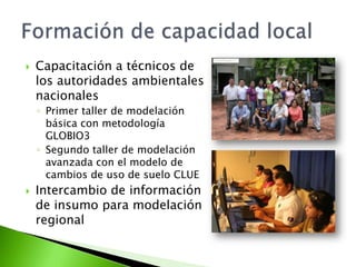 Formación de capacidad localCapacitación a técnicos de los autoridades ambientales nacionalesPrimer taller de modelación básica con metodología GLOBIO3Segundo taller de modelación avanzada con el modelo de cambios de uso de suelo CLUEIntercambio de información de insumo para modelación regional