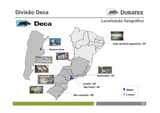 Divisão Deca
                                                       Localização Geográfica




                                                              Cabo de Santo Agostinho - PE

               Buenos Aires




                                                  Queimados - RJ


                                     Jundiaí - SP
                                      São Paulo - SP
                                                                         Metais

                              São Leopoldo - RS                          Louças



                                                                                      12
 