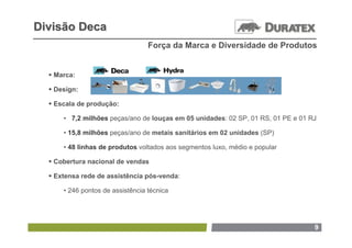 Divisão Deca
                                  Força da Marca e Diversidade de Produtos


   Marca:

   Design:

   Escala de produção:

      • 7,2 milhões peças/ano de louças em 05 unidades: 02 SP, 01 RS, 01 PE e 01 RJ

      • 15,8 milhões peças/ano de metais sanitários em 02 unidades (SP)

      • 48 linhas de produtos voltados aos segmentos luxo, médio e popular

   Cobertura nacional de vendas

   Extensa rede de assistência pós-venda:

      • 246 pontos de assistência técnica




                                                                                  9
 