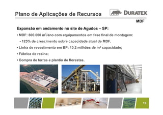 Plano de Aplicações de Recursos
                                                                    MDF
Expansão em andamento no site de Agudos – SP:
• MDF: 800.000 m3/ano com equipamentos em fase final de montagem:
 - 125% de crescimento sobre capacidade atual de MDF.
• Linha de revestimento em BP: 10,2 milhões de m2 capacidade;
• Fábrica de resina;
• Compra de terras e plantio de florestas.




                                                                      10
 