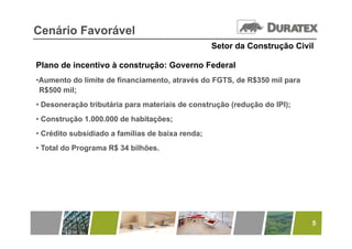 Cenário Favorável
                                                  Setor da Construção Civil

Plano de incentivo à construção: Go e o Federal
  a o      ce t o co st ução Governo ede a
•Aumento do limite de financiamento, através do FGTS, de R$350 mil para
 R$500 mil;
• Desoneração tributária para materiais de construção (redução do IPI);
• Construção 1.000.000 de habitações;
• Crédito subsidiado a famílias de baixa renda;
• Total do Programa R$ 34 bilhões.




                                                                          5
 