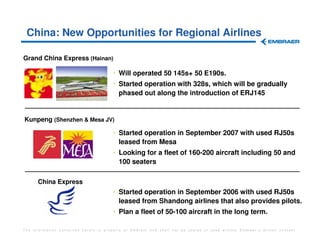China: New Opportunities for Regional Airlines

Grand China Express (Hainan)

                                        • Will operated 50 145s+ 50 E190s.
                                        • Started operation with 328s, which will be gradually
                                          phased out along the introduction of ERJ145


Kunpeng (Shenzhen & Mesa JV)

                                        • Started operation in September 2007 with used RJ50s
                                          leased from Mesa
                                        • Looking for a fleet of 160-200 aircraft including 50 and
                                          100 seaters

      China Express
                                        • Started operation in September 2006 with used RJ50s
                                          leased from Shandong airlines that also provides pilots.
                                        • Plan a fleet of 50-100 aircraft in the long term.

The information contained herein is property of Embraer and shall not be copied or used without Embraer´s written consent
 