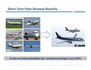 Short Term Fleet Renewal Benefits




     E-Jets can bring immediate fuel / emissions savings of up to 50%

The information contained herein is property of Embraer and shall not be copied or used without Embraer´s written consent
 