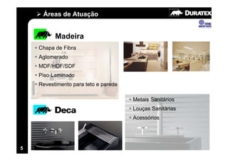Áreas de Atuação


          Madeira
    Chapa de Fibra
    Aglomerado
    MDF/HDF/SDF
    Piso Laminado
    Revestimento para teto e parede

                                      Metais Sanitários
                                      Louças Sanitárias
                                      Acessórios




5
 