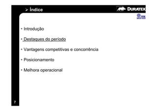 Índice



    Introdução

    Destaques do período

    Vantagens competitivas e concorrência

    Posicionamento

    Melhora operacional




7
 
