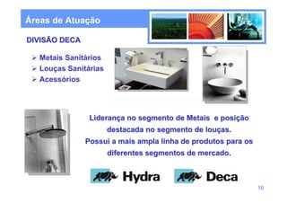 Áreas de Atuação

DIVISÃO DECA

   Metais Sanitários
   Louças Sanitárias
   Acessórios




                Liderança no segmento de Metais e posição
                       destacada no segmento de louças.
               Possui a mais ampla linha de produtos para os
                       diferentes segmentos de mercado.



                                                               10
 