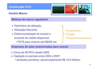 Construção Civil

Cenário Macro:

  Melhora do marco regulatório

    Patrimônio de afetação;
    Alienação fiduciária;                    + Lançamentos
    Desburocratização do acesso e            + Crédito
    aumento do crédito disponível:           + Prazos de financiamento
     • FGTS para imóveis até R$350 mil.
  Empresas do setor posicionadas para crescer

   Cerca de 20 IPO’s desde 2005:
   Captação no período entre 2005 e 2007:
    • emissões primárias: aproximadamente R$ 13,0 bilhões.
                                                                   17
 