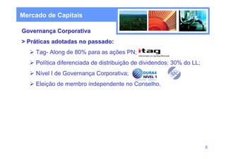 Mercado de Capitais

Governança Corporativa
> Práticas adotadas no passado:
    Tag- Along de 80% para as ações PN;
    Política diferenciada de distribuição de dividendos: 30% do LL;
    Nível I de Governança Corporativa;
    Eleição de membro independente no Conselho.




                                                                      6
 