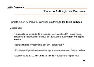 Plano de Aplicação de Recursos


Durante o ano de 2004 foi investido um total de R$ 136,8 milhões

Destaques:

     Expansão da unidade de Cerâmica II, em Jundiaí/SP – novo forno.
   Elevando a capacidade instalada em 30%, para 4,2 milhões de peças
   anuais

     Nova linha de revestimento em BP - Botucatu/SP

     Produção de painéis de madeira aglomerada com superfície superfina

     Aquisição de 4.100 hectares de terras – Botucatu e Itapetininga

                                                                       7
 