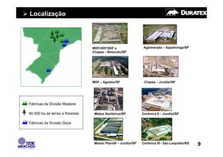 Localização




                                  MDF/HDF/SDF e                    Aglomerado – Itapetininga/SP
                                  Chapas – Botucatu/SP




                                  MDF – Agudos/SP                  Chapas – Jundiaí/SP




Fábricas da Divisão Madeira

90.000 ha de terras e florestas    Metais Sanitários/SP           Cerâmica II – Jundiaí/SP

Fábricas da Divisão Deca




                                   Metais Planidil – Jundiaí/SP   Cerâmica III - São Leopoldo/RS   9
 