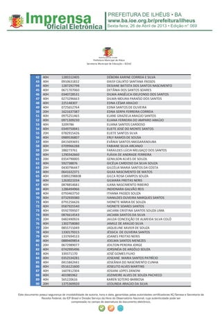 Sexta-feira, 26 de Abril de 2013 • Edição n° 069
Este documento possui segurança de inviolabilidade de autoria, hora e data, garantidas pelas autoridades certiﬁcadoras AC/Serasa e Secretaria da
Receita Federal, da ICP Brasil e Divisão Serviço da Hora do Observatório Nacional, cuja autenticidade pode ser
comprovada no campo de assinatura do documento eletrônico.
Prefeitura Municipal de Ilhéus
Secretaria Municipal de Educação – SEDUC
42 40H 1285512405 DÉBORA KARINE CORREIA E SILVA
43 40H 0910631832 DAISY CALIXTO SANTANA PASSOS
44 40H 1287292798 DESIANE BATISTA DOS SANTOS NASCIMENTO
45 40H 0671707060 DETÂNIA DOS SANTOS SOARES
46 40H 0340728531 DILMA ANGÉLICA IDELFONSO DOS SANTOS
47 40H 0273296663 DILMA MOURA PARAÍSO DOS SANTOS
48 40H 225148307 EDNA CÉSAR ARAÚJO
49 40H 0725652764 EDNA SANTOS DE OLIVEIRA
50 20H 1621637387 EDNA SERPA FERREIRA CORREIA
51 40H 0975251465 ELANE GRAZIELA ARAÚJO SANTOS
52 40H 0971309230 ELIANA FERREIRA DO AMPARO ARAÚJO
53 40H 3209786 ELIANA SANTOS CARDOSO
54 40H 0349750041 ELIETE JOSÉ DO MONTE SANTOS
55 20H 0782915426 ELIETE SANTOS SILVA
56 40H 0989536807 ERLY RAMOS DE SOUSA
57 40H 0415693691 EVÂNIA SANTOS MASSARANDUBA
58 40H 0709966288 FABIANE SILVA ARCANJO
59 20H 288273761 FARAILDES LÚCIA MELGAÇO DOS SANTOS
60 40H 1290342660 FLÁVIA DE ANDRADE FERREIRA
61 20H 0354790005 GENILSON ALVES DE SOUZA
62 40H 592738876 GICÉLIA CARDOSO DA SILVA SOUZA
63 20H 0430796447 GILCÉLIA MARIA SANTOS DA COSTA
64 40H 0641632371 GILKA NASCIMENTO DE MATOS
65 40H 03892298808 GILCA ROSA CAMPOS SOUZA
66 40H 1263021034 GILMARA FREITAS NERIS
67 40H 0878854681 ILANA NASCIMENTO RIBEIRO
68 40H 1286494966 INDIONARA GALVÃO REIS
69 40H 0793463750 ITHANA PASSOS SOUZA
70 40H 0732939380 IVANILDES OLIVEIRA MARQUES SANTOS
71 40H 0791256626 IVONETE MARIA DE SOUZA
72 40H 0587925540 IVONETE SOARES SANTOS
73 40H 0592709507 JACIARA CRISTINA SANTOS SOUZA LIMA
74 40H 0876614543 JACIARA SANTOS DA SILVA
75 20H 0482490926 JAILDA CONCEIÇÃO DE ALMEIDA SILVA COLÓ
76 40H 1302758080 JAMILE DE ARAÚJO SILVA
77 20H 0855715049 JAQUELINE XAVIER DE SOUZA
78 40H 1330179315 JÉSSICA DE OLIVEIRA SANTOS
79 40H 1337694533 JOANES FREITAS NERIS
80 40H 0889409854 JOELMA SANTOS MENEZES
81 20H 0672989077 JOILTON PEREIRA JORGE
82 40H 0742995496 JORSINÉIA DE ARGÔLO SOUZA
83 40H 339371170 JOSÉ GOMES FILHO
84 40H 0352534281 JOSEANE MARIA SANTOS PATRÍCIO
85 40H 0415842441 JOSEÂNIA DO NASCIMENTO CUNHA
86 40H 0516121600 JOSELITO ALVES MARTINS
87 40H 1607812304 JOSIANI LOPES ZANONI
88 40H 401985962 JOZIMEIRE ALVES DE SOUZA PACHECO
89 40H 565220616 KAREN SOTERO BARBOSA
90 20H 1375369920 LEOLINDA ARAÚJO DA SILVA
 