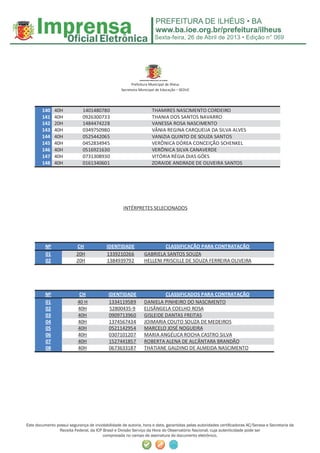 Sexta-feira, 26 de Abril de 2013 • Edição n° 069
Este documento possui segurança de inviolabilidade de autoria, hora e data, garantidas pelas autoridades certiﬁcadoras AC/Serasa e Secretaria da
Receita Federal, da ICP Brasil e Divisão Serviço da Hora do Observatório Nacional, cuja autenticidade pode ser
comprovada no campo de assinatura do documento eletrônico.
Prefeitura Municipal de Ilhéus
Secretaria Municipal de Educação – SEDUC
140 40H 1401480780 THAMIRES NASCIMENTO CORDEIRO
141 40H 0926300733 THANIA DOS SANTOS NAVARRO
142 20H 1484474228 VANESSA ROSA NASCIMENTO
143 40H 0349750980 VÂNIA REGINA CARQUEIJA DA SILVA ALVES
144 40H 0525442065 VANIZIA QUINTO DE SOUZA SANTOS
145 40H 0452834945 VERÔNICA DÓREA CONCEIÇÃO SCHENKEL
146 40H 0516921630 VERÔNICA SILVA CANAVERDE
147 40H 0731308930 VITÓRIA RÉGIA DIAS GÓES
148 40H 0161340601 ZORAIDE ANDRADE DE OLIVEIRA SANTOS
INTÉRPRETES SELECIONADOS
Nº CH IDENTIDADE CLASSIFICAÇÃO PARA CONTRATAÇÃO
01 20H 1339210266 GABRIELA SANTOS SOUZA
02 20H 1384939792 HELLENI PRISCILLE DE SOUZA FERREIRA OLIVEIRA
Nº CH IDENTIDADE CLASSIFICADOS PARA CONTRATAÇÃO
01 40 H 1334119589 DANIELA PINHEIRO DO NASCIMENTO
02 40H 52800435-9 ELISÂNGELA COELHO ROSA
03 40H 0909713960 GISLEIDE DANTAS FREITAS
04 40H 1374567434 JOIMARIA COUTO SOUZA DE MEDEIROS
05 40H 0521142954 MARCELO JOSÉ NOGUEIRA
06 40H 0307101207 MARIA ANGÉLICA ROCHA CASTRO SILVA
07 40H 1527441857 ROBERTA ALENA DE ALCÂNTARA BRANDÃO
08 40H 0673633187 THATIANE GALDINO DE ALMEIDA NASCIMENTO
 