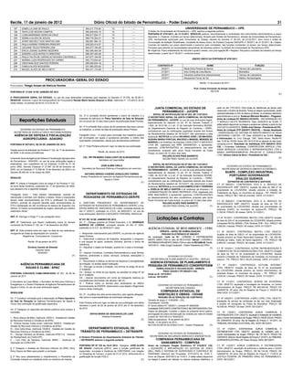 Recife, 17 de janeiro de 2012                                                        Diário Oficial do Estado de Pernambuco - Poder Executivo                                                                                                                                            31
   197     IZABELLA LIMA DE PAULO                                           064.211.774-84              10                   ----                                                   UNIVERSIDADE DE PERNAMBUCO – UPE
   198     TANYLA DE MOURA CAMPOS                                           060.509.634-10              10                   ----            O Reitor da Universidade de Pernambuco – UPE, assinou a seguinte portaria:
   199     LUISA MARIANNA VIEIRA DA CRUZ                                    059.917.934-17              10                   ----            PORTARIA Nº 0791/2011, de 13.10.2011, RESOLVE publicar, resumidamente a contratação dos instrumentos administrativos a seguir
                                                                                                                                             descritos: I – Espécie: Contrato por tempo determinado, ﬁrmado pelo Estado de Pernambuco, através da Universidade de Pernambuco-
   200     ISABELA ALVES DE SOUZA                                           069.775.304-21              10                   ----
                                                                                                                                             UPE, devidamente autorizado pelo Governador do Estado, através do Decreto nº 36.333, de 23.03.2011, bem como o Edital de
   201     AYANY MICHELY DOS SANTOS LIMA                                    082.691.584-10              10                   ----            Convocação da Seleção Simpliﬁcada, constante do Anexo Único, da Portaria Conjunta SAD/UPE nº 30/2011 de 31.03.2011; II – Objeto:
   202     PAULA KARINE FERREIRA PRINCIPE                                   009.293.414-57              5                    ----            Contrato de trabalho por prazo determinado o exercício pelo contratado, das funções constantes no anexo, por tempo determinado.
   203     LEDJANE TELES PEREIRA LIMA                                       844.077.194-00              5                    ----            Firmados para atender as necessidades temporárias de interesse público, no âmbito da Universidade de Pernambuco-UPE.
   204     ERICA LIDIANE QUIRINO BEZERRA                                    062.495.494-39              5                    ----            III –Vigência: Prazo estabelecido de 24(vinte e quatro) meses, com prorrogação.IV – Registro: 04(quatro) contratos de trabalho por tempo
   205     SANDRA LUCIA ANTAS FLORENTINO                                    688.397.404-06              5                    ----            determinado, a partir de 01.09.2011, conforme anexo.
   206     PAULA TALITA DE CARVALHO NOVAES CANTARELLI                       047.677.184-65              5                    ----
                                                                                                                                                                                            ANEXO ÚNICO DA PORTARIA Nº 0791/2011
   207     MARINA LUIZA RODRIGUES DO CARMO                                  063.173.844-44              5                    ----
   208     CRISTIANA DOS SANTOS PEREIRA                                     065.090.834-18              5                    ----
   209     CAMILA ALVES NOGUEIRA                                            021.560.253-63              5                    ----                      CONTRATO Nº                                        NOME                                              FUNÇÃO
   210     MIGUEL ALVES DE MELO NETO                                        064.471.174-85              5                    ----                        20/2011                   Maria Edna Pereira de Barros                              Técnico de Laboratório
                                                                                                                                                         21/2011                   Artur Emilia de Lima Barros                               Biomédico
                                                                                                                                                         22/2011                   Gilvanise Guilhermina Interaminense                       Técnico de Laboratório
                                                                                                                                                         23/2011                   Alessandra Ferraz de Sá                                   Médico Hematologista
                                    PROCURADORIA-GERAL DO ESTADO
                                                                                                                                                                                                    Recife, 13 de outubro de 2011.
Procurador: Thiago Arraes de Alencar Norões
                                                                                                                                                                                             Prof. Carlos Fernando de Araújo Calado
PORTARIA Nº 12 DIA 16 DE JANEIRO DE 2012                                                                                                                                                                     REITOR
                                                                                                                                                                                                                                                                                          (F)
O PROCURADOR GERAL DO ESTADO, no uso de suas atribuições conferidas pelo disposto no Decreto nº 37.076, de 02.09.11,
RESOLVE: Autorizar o gozo de licença-prêmio da Procuradora Renata Maria Santos Brayner e Silva, matrícula nº. 172.402-9, de 02
(dois) meses, no período de 05.03.12 a 03.05.12.

                                                                                                                                                    JUNTA COMERCIAL DO ESTADO DE                                     partir do dia 17/01/2012. Para todas as referências de tempo será
                                                                                                                                                        PERNAMBUCO - JUCEPE                                          observado o horário de Brasília. Todas as etapas supracitadas, serão
                                                                                                                                                  EDITAL DE NOTIFICAÇÃO SG Nº 003, DE 11/01/2012                     operacionalizadas no link do Banco do Brasil, no endereço eletrônico
                                                                      Art. 3º A comissão deverá apresentar o plano de trabalho e a                                                                                   www.licitacoes-e.com.br. Sueleuza Werneck Monteiro – Pregoeira.
                                                                                                                                             O SECRETÁRIO GERAL DA JUNTA COMERCIAL DO ESTADO
                                                                      proposta de estrutura do Plano Operativo da Sala de Situação                                                                                   Aviso de Licitação EC 005/2012 DCO/CPL - RECUPERAÇÃO DO
         Repartições Estaduais                                        em um prazo de 10 (dez) dias a partir da publicação desta Portaria.
                                                                                                                                             DE PERNAMBUCO - JUCEPE, no uso de suas atribuições legais,
                                                                                                                                             especialmente do disposto no art. 67 do Decreto Federal nº              1º MÓDULO DA ETE PEIXINHOS. Data: 24/02/2012 às 10:00h. O
                                                                                                                                             1.800, de 30.01.96, e o art. 4º da Instrução Normativa 85/2000,         edital estará disponível na integra e poderá ser retirado a partir do dia
                                                                      Art. 4º A comissão terá o prazo de 60 (sessenta) dias para concluir                                                                            23/01/2012 a 24/02/2012. Teóﬁlo José Tabosa – Presidente da CPL.
                                                                                                                                             do Departamento Nacional do Registro do Comércio – DNRC,
       GOVERNO DO ESTADO DE PERNAMBUCO                                os trabalhos, a contar da data de publicação desta Portaria.                                                                                   Aviso de Licitação ETP 025/2011 DEG/CSL – Versão Atualizada
                                                                                                                                             considerando que as notiﬁcações expedidas através dos Avisos
   SECRETARIA DE AGRICULTURA E REFORMA AGRÁRIA                                                                                                                                                                       - ENERGIZAÇÃO DO SISTEMA DE ABASTECIMENTO DE ÁGUA
                                                                                                                                             de Recebimentos datados de 19/12/2011 não retornaram a esta
    AGÊNCIA DE DEFESA E FISCALIZAÇÃO                                  Parágrafo Único – O prazo para conclusão dos trabalhos poderá                                                                                  CAPOEIRAS / CAETÉS - PE. Data: 03/02/2012 às 10:00h. Editais
                                                                                                                                             Autarquia, NOTIFICA os sócios RICARDO JOSÉ I. DE MACEDO,
                                                                      ser prorrogado por iguais e sucessivos períodos, a critério das                                                                                e Informações: Av. Cruz Cabugá, 1387, Santo Amaro, Recife-PE
        AGROPECUÁRIA - ADAGRO                                                                                                                SUZANA MARIA PONTUAL MACEDO e MANOEL MENDES DE
                                                                      autoridades competentes, desde que devidamente justiﬁcável.                                                                                    das 13:30 às 16:00h, fones: 081-3412.9130 ou através do site www.
                                                                                                                                             BARROS e ao endereço da empresa CAVALCANTI E MACEDEO
PORTARIA Nº 007/2012, DE 05 DE JANEIRO DE 2012.                                                                                              LTDA ME, registrada sob NIRE 26200997281, a apresentar,                 compesa.com.br. Resultado de Habilitação ETP 065/2010 DCO/
                                                                      Art. 5 º Esta Portaria entra em vigor na data de sua publicação.                                                                               CSL – Empresas Habilitadas: CONSTRUTORA NÁPOLIS LTDA;
                                                                                                                                             querendo, CONTRA-RAZÕES ao desarquivamento dos atos
Dispõe acerca da alteração da Portaria nº 122, de 17 de dezembro                                                                             constitutivos, proposto pelo sócio Paulo Fernando da Costa              VISAR SERVIÇOS LOCAÇÕES E REPRESENTAÇÕES LTDA e
                                                                                         Recife, de Janeiro de 2012.                                                                                                 SANEA EMPREENDIMENTOS PROJETOS E CONSULTORIA
de 2009, e dá outras providências.                                                                                                           Araújo, no prazo de 10 (dez) dias úteis.
                                                                                                                                                            ROLDÃO ALVES PAES BARRETO                                LTDA. Silvana Cabral da Silva – Presidente da CSL.
                                                                          CEL. RR PM MÁRIO CAVALCANTI DE ALBUQUERQUE                                                                                                                                                                       (F)
A Gerente Geral da Agência de Defesa e Fiscalização Agropecuária                                                                                            SECRETÁRIO GERAL DA JUCEPE
                                                                                      Secretario da Casa Militar
de Pernambuco - ADAGRO, no uso de suas atribuições legais e
estatutárias, com supedâneo na Lei Estadual 12.228 de 21 de                                                                                       EDITAL DE NOTIFICAÇÃO SG Nº 004, DE 11/01/2012
                                                                                          JOSÉ ALMIR CIRILO                                                                                                                  GOVERNO DO ESTADO DE PERNAMBUCO
junho 2002, Decreto Estadual nº 27.687 de 28 de fevereiro de                                                                                 O SECRETÁRIO GERAL DA JUNTA COMERCIAL DO ESTADO
                                                                        Secretário de Recursos Hídricos e Energéticos em exercício                                                                                        SECRETARIA DE DESENVOLVIMENTO ECONÔMICO
2005, na Lei Estadual nº 12.506 de 15 de dezembro de 2003 e no                                                                               DE PERNAMBUCO - JUCEPE, no uso de suas atribuições legais,
Decreto 26.492 de 12 de março de 2004,                                                                                                       especialmente do disposto no art. 67 do Decreto Federal nº                       SUAPE - COMPLEXO INDUSTRIAL
                                                                           ANTONIO SÉRGIO CASEIRA GONÇALVES TORRES
                                                                       Diretor-Presidente em exercício da Agência Pernambucana de
                                                                                                                                             1.800, de 30.01.96, e o art. 4º da Instrução Normativa 85/2000,                    PORTUÁRIO GOVERNADOR
RESOLVE:                                                                                                                                     do Departamento Nacional do Registro do Comércio – DNRC,                               ERALDO GUEIROS
                                                                                              Águas e Clima
                                                                                                                                             considerando que as notiﬁcações expedidas através dos Avisos                      EXTRATOS DE CONTRATOS E ADITIVOS
                                                                                                                                (F)
ART. 1º. Alterar a Parágrafo Único do artigo 4º da Portaria nº 122,                                                                          de Recebimentos datados de 19/12/2011 não retornaram a esta             CT. Nº 098/2011. CONTRATADA: VIVO S. A. SERVIÇO DE
da lavra desta Gerência, publicada em 17 de dezembro de 2009,                                                                                Autarquia, NOTIFICA as sócias ILKA CAMPELO DE F. FERREIRA               RADIOENLACE SMP. OBJETO: locação de área de 399 m² de
que passará a ter a seguinte redação:                                                                                                        e JOSELIA DE MELO SANTOS e ao endereço da empresa J &                   propriedade da LOCADORA, situada próximo a Estação de
                                                                                                                                             I ADMINISTRAÇÃO DE BENS PRÓPRIOS LTDA, registrada sob                   Tratamento de Água, no município de Ipojuca – PE. PRAZO: 60
“Parágrafo Único – Para trânsito interestadual, animais de                 DEPARTAMENTO DE ESTRADAS DE                                       NIRE 26201628572, a apresentar, querendo, CONTRA-RAZÕES                 meses. PREÇO: R$ 7.360,00 (mensal). DATA: 01/12/2011.
reprodução e animais com destino a leiloes, feiras e exposições           RODAGENS DE PERNAMBUCO-DER/PE                                      ao desarquivamento dos atos constitutivos, proposto pelo sócio
devem estar acompanhados da GTA e certiﬁcado da Granja                                                                                       Paulo Fernando da Costa Araújo, no prazo de 10 (dez) dias úteis.        CT. Nº 099/2011. CONTRATADA: VIVO S. A. SERVIÇO DE
(GRSC), animais de engorda deverão estar acompanhados da              A DIRETORA PRESIDENTE DO DEPARTAMENTO DE                                             ROLDÃO ALVES PAES BARRETO                                 RADIOENLACE SMP. OBJETO: locação de área de 150 m²
GTA e declaração de não ocorrência da doença de Aujeszky nos          ESTRADAS DE RODAGENS DE PERNAMBUCO-DER/PE, a Sra.                                    SECRETÁRIO GERAL DA JUCEPE                     (F)        de propriedade da LOCADORA, situada nas proximidades da
últimos 12 meses na propriedade de origem, assinado por médico        ERYKA MARIA DE VASCONCELOS LUNA, nomeada através do                                                                                            empresa SUATA, no município de Ipojuca-PE. PREÇO: R$
veterinário oﬁcial.”                                                  Ato nº 2203/11, publicado no D.O.E, de 08/02/2011, no uso de                                                                                   5.150,00. PRAZO: 60 meses. DATA: 01/12/2011.
                                                                      suas atribuições, BAIXOU A SEGUINTE PORTARIA, RESOLVE:
ART. 2º. Revogar o Artigo 7º e seu parágrafo único.
                                                                      Nº 011 DE 16 DE JANEIRO DE 2012                                                 Licitações e Contratos                                         CT. Nº 101/2011. CONTRATADA: NEXTEL LTDA. OBJETO: locação
                                                                                                                                                                                                                     de área de 224 m² de propriedade da LOCADORA, situada próximo
ART. 3º. Determinar que ﬁquem inalterados todos os demais             Art. 1º – Delegar poderes ao Diretor Executivo, o Sr. HENRIQUE                                                                                 a empresa DECAL BRASIL LTDA, Rodovia TDR – SUL. PREÇO: R$
comandos da Portaria nº 122, de 17 de dezembro de 2009.               BARROS DE LORENA, nomeado através do Ato nº 2204,                                                                                              6.850,00 ( mensal). PRAZO: 60 meses. DATA: 01/12/2011.
                                                                      publicado no D.O.E. de 08/02/2011, para:                               AGÊNCIA ESTADUAL DE MEIO AMBIENTE – CPRH
ART. 4º. Esta portaria entra em vigor na data de sua assinatura,                                                                                         ERRATA – AVISO DE HOMOLOGAÇÃO                               CT. Nº 102/2011. CONTRATADA: NEXTEL LTDA. OBJETO:
revogando-se todas as disposições em contrário.                       I – Responder interinamente pelo DER/PE, no período de vigência                      PREGÃO ELETRÔNICO Nº 009/2011                             locação de área de 228,01 m² de propriedade da LOCADORA,
            Registre-se. Comunique-se. Cumpra-se.                     desta Portaria;                                                        Na publicação “onde se lê”: LIVRARIA E DISTRIBUIDORA                    situada próximo ao Posto Rodoviário Estadual, PE – 60, KM 08,
                                                                      II – Determinar a abertura de licitações, designando o pregoeiro       MENTE SANA LTDA no valor de R$ 8.419,67 “leia-se”: LIVRARIA E           entrada de Gaibu, Cabo de Santo Agostinho – PE. PREÇO: R$
                  Recife, 05 de janeiro de 2012.                      e sua equipe de apoio, podendo inclusive, aprovar o termo de           DISTRIBUIDORA MENTE SANA LTDA no valor de R$ 8.660,48. Recife,          6.850,00 ( mensal). PRAZO: 60 meses. DATA: 01/12/2011.
                                                                      referência;                                                            16/01/2012 – Hélio Gurgel Cavalcanti – Diretor Presidente da CPRH.
                  Erivânia Camelo de Almeida                          III – Adjudicar o objeto da licitação, quando for o caso e homologá-                                                                     (F)   CT. Nº 103/2011. CONTRATADA: KOFRE REPRESENTAÇÃO E
                         Gerente Geral                                la;                                                                                                                                            COMERCIO DE TELECOMUNICAÇÕES LTDA. OBJETO: locação
                           ADAGRO                                     IV – Assinar Convênios, Contratos Administrativos e seus Termos                                                                                de área de 162 m² de propriedade da LOCADORA, situada
                                                                (F)   Aditivos, pertinentes a obras, serviços, compras, alienações e                        GOVERNO DO ESTADO                                        próximo a Estação de Tratamento da Compesa, no município de
                                                                      locações;                                                                SECRETARIA DE PLANEJAMENTO E GESTÃO – SEPLAG                          Ipojuca – PE. PREÇO: R$ 5.150,00 (mensal). DATA: 01/12/2011.
                                                                      V – Reconhecer e ratiﬁcar os termos de dispensa e inexigibilidade
                                                                      de licitação, no âmbito desta Instituição;
                                                                                                                                              AGENCIA ESTADUAL DE PLANEJAMENTO E
          AGÊNCIA PERNAMBUCANA DE                                                                                                            PESQUISA DE PERNAMBUCO CONDEPE/FIDEM                                    CT. Nº 104/2011. CONTRATADA: HOTLINK INTERNET
                                                                      VI – Revogar ou anular a licitação, nos termos do artigo 49 da lei
            ÁGUAS E CLIMA - APAC                                                                                                                     HOMOLOGAÇÃO E ADJUDICAÇÃO - ERRATA                              LTDA. OBJETO: locação de área de 16 m² de propriedade
                                                                      nº 8.666/93;                                                                                                                                   da LOCADORA, situada próximo ao Centro Administrativo da
                                                                      VII – Atribuir, no limite de sua alçada, as sansões do artigo 87 da                   PROC 024/2011 PP 009/2011-CEL
PORTARIA CONJUNTA CAMIL/SRHE/APAC Nº 001, de 06 de                                                                                           Onde se lê: 16/12/2011                                                  empresa Suape, no município de Ipojuca – PE. PREÇO: R$
                                                                      lei nº 8.666/93;                                                                                                                               3.030,00 ( mensal). PRAZO: 60 meses. DATA: 01/12/2011.
Janeiro de 2011.                                                                                                                             Leia-se: 30/12/2011                                              (F)
                                                                      VIII – Assinar documentos em nome da Delegante relativos às
                                                                      competências informadas nas alíneas I até VII;                                                                                                 CT. Nº 111/2011. CONTRATADA: DESIGN ON DIVISÓRIAS
O Secretário da Casa Militar, o Secretário de Recursos Hídricos e
                                                                      IX – Praticar todos os demais atos necessários ao efetivo                                                                                      LTDA. OBJETO: aquisição e montagem de divisórias, no Centro
Energéticos e o Diretor-Presidente da Agência Pernambucana de                                                                                          GOVERNO DO ESTADO DE PERNAMBUCO
                                                                      funcionamento do DER/PE, observando o que dispõe o Regimento                                                                                   Administrativo de Suape. PREÇO: R$ 260.545,04. PRAZO DE
Águas e Clima, no uso de suas atribuições legais,                                                                                                           SECRETARIA DAS CIDADES
                                                                      Interno desta Instituição.                                                                                                                     GARANTIA: 05 anos. Ata de Registro de Preços n° 04/2010 da
                                                                                                                                                        COMPANHIA ESTADUAL DE
RESOLVEM:                                                                                                                                                                                                            ANS DATA: 01/12/2011.
                                                                      Art. 2º – A prática dos atos acima descritos, pelo agente delegado,              HABITAÇÃO E OBRAS - CEHAB
                                                                      não exclui a responsabilidade da autoridade delegante.                            RESUMO DE ALTERAÇÃO DE CONTRATO                              CT. Nº 108/2011. CONTRATADA: A MÃO LIVRE LTDA. OBJETO:
Art. 1º Constituir comissão para a elaboração do Plano Operativo
da Sala de Situação da Agência Pernambucana de Águas e                                                                                       Tomada de preço n° 018/2008 – CEL                                       prestação de serviço de confecção de lay out, arte, ﬁnalização
                                                                      Esta Portaria entra em vigor na data de sua publicação com efeito      Contratante: CEHAB                                                      e projeto de cenograﬁa da Praça da República. PREÇO: R$
Clima, sem atribuição de gratiﬁcação especíﬁca.
                                                                      retroativo a partir de 02 de janeiro de 2012 até 31 de dezembro        9º Termo Aditivo Nº 138/2011, contrato Nº 068/2009.                     42.500,00. PRAZO: 02 dias. DATA: 02/12/2011.
                                                                      de 2012.                                                               Contratada: EDIFICARTE CONSTRUTORA E INCORPORADORA LTDA.
Art. 2º Designar os seguintes servidores públicos para compor a
comissão:                                                                                                                                    Objeto da alteração: Constitui o objeto do presente termo aditivo,      CT. Nº 112/2011. CONTRATADA: AURUS COMERCIAL E
                                                                                 ERYKA MARIA DE VASCONCELOS LUNA                             prorrogação do prazo de execução do contrato por mais 03 meses          DISTRIBUIDORA LTDA. OBJETO: aquisição e instalação de mobiliários
                                                                                         Diretora-Presidente                                 a partir de 16/01/2012 a 16/04/2012.                                    para o Centro Administrativo de Suape. PREÇO: R$ 82.433,00. PRAZO
I – Rony Glauco de Melo, matrícula 10032-3 - Analista em Gestão
                                                                                                                                       (F)   Data da assinatura: 16 de janeiro de 2012.                              DE GARANTIA: 05 anos. Ata de Registro de Preços n° 101/2011, do
de Recursos Hídricos e Climáticos da APAC;
II - Vinicius Gomes Costa Junior, matrícula 10059-5 - Analista em                                                                            Recife, 12 de janeiro de 2012.                                          TRIBUNAL REGIONAL ELEITORAL–MG. DATA: 06/12/2011.
Gestão de Recursos Hídricos e Climáticos da APAC;                                                                                            NILTON DA MOTA SILVEIRA FILHO – Diretor Presidente             (F)
III – Ana Carla Alves, matrícula 10026-9 - Analista em Gestão de           DEPARTAMENTO ESTADUAL DE                                                                                                                  CT. Nº 113/2011. CONTRATADA: AURUS COMERCIAL E
Recursos Hídricos e Climáticos da APAC;                                TRÂNSITO DE PERNAMBUCO – DETRAN/PE                                                                                                            DISTRIBUIDORA LTDA. OBJETO: aquisição de mobiliário para o
IV – George Vitoriano de Almeida, matrícula 970011-0 - Gerente                                                                                     GOVERNO DO ESTADO DE PERNAMBUCO                                   Centro Administrativo de Suape. PREÇO: R$ 157.792,75. PRAZO DE
de Planejamento da CODECIPE;                                          A Diretora Presidente do Departamento Estadual de Trânsito              SECRETARIA DE RECURSOS HÍDRICOS E ENERGÉTICOS                          GARANTIA: 05anos. Ata de Registro de Preços n° 07/2011, do TRIBUNAL
V – Levi Felix de Santana, matrícula 26463 – Gerência de              – DETRAN/PE assinou a seguinte portaria:                                       COMPANHIA PERNAMBUCANA DE                                       SUPERIOR ELEITORAL–DF. Prazo: 05 anos. DATA: 06/12/2011.
Operação da CODECIPE                                                                                                                                   SANEAMENTO - COMPESA
                                                                      PORTARIA DP Nº 102 de 16.01.2012 - Designar, JOSÉ ALVES                Aviso de Licitação Pregão Eletrônico Nº 010/2012 CSL                    CT. Nº 114/2011. AURUS COMERCIAL E DISTRIBUIDORA
§ 1º Designar o Analista de Recursos Hídricos da APAC Rony            DE SOUZA, matrícula 4267-6, para a função gratiﬁcada de                – AQUISIÇÃO E IMPLANTAÇÃO DO SISTEMA DE VIDEO                           LTDA. OBJETO: aquisição de poltronas e cadeiras para o Centro
Rony Glauco de Melo para presidir a comissão.                         supervisão, vinculada à Gerência de CIRETRANS, com lotação             WALL PARA O SISTEMA DE SUPERVISÃO E CONTROLE DE                         Administrativo de Suape. PREÇO: R$ 84.134.06. PRAZO DE
                                                                      no Shopping de Caruaru, a partir de 01.01.2012, atribuindo-lhe a       PIRAPAMA. Abertura das Propostas: 27/01/2012 às 10:00 h.                GARANTIA: 05 anos. Ata de Registro de Preços n° 71/2010 da
§ 2º Nos seus afastamentos e impedimentos o Presidente da             gratiﬁcação de função FGS-2.                                           Início da Disputa: 30/01/2012 às 10:00 h. O edital estará disponível    JUSTIÇA FEDERAL DE PRIMEIRO GRAU DE PERNAMBUCO.
Comissão indicará um substituto entre os membros da mesma.                                                                         (F)       na integra e poderá ser retirado no mesmo endereço eletrônico, a        DATA: 06/12/2011.
 