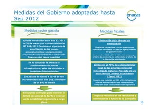 Medidas del Gobierno adoptadas hasta
Sep 2012

    Medidas sector gasista                             Medidas fiscales

   Ajustes introducidos en el RDL 13/2012             Eliminación de la libertad de
   de 30 de marzo y en la Orden Ministerial                    amortización
   IET 849/2012: Cambios en el periodo de         Sin efectos retroactivos y con un impacto muy
         amortización de los nuevos            reducido en resultados 2012 por un ligero aumento
     almacenamientos y congelación del                         del gasto financiero

   proyecto Musel (recibiendo la retribución   Para los años 2013 y 2014, el Plan Estratégico, por
        financiera del capex invertido)        criterios de prudencia, no contemplaba el efecto de
                                                            la libertad de amortización

        Se ha congelado la entrada en
          funcionamiento de nuevas              Limitación al 70% de la deducibilidad
    infraestructuras, salvo las vinculadas a       fiscal de las amortizaciones del
          conexiones internacionales           inmovilizado material (Proyecto de ley
                                                  anunciado en Consejo de Ministros
     Los peajes de acceso a la red se han                    27sept 2012)
   incrementado en el año 2012 alrededor       Impacto muy reducido en 2013 y 2014 al aplicarse
             de un 8% de media                    criterios de amortización muy conservadores,
                                                siempre en línea con la amortización regulatoria




   Soluciones correctas para eliminar el
   déficit coyuntural de tarifa y reforzar     Impacto reducido en los resultados y
   así la estabilidad regulatoria a largo      estimaciones a futuro de la Compañía
                    plazo                                                                            10
 