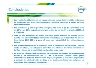 Conclusiones


   Los resultados obtenidos en los nueve primeros meses de 2012 están en la senda
   de garantizar por sexto año consecutivo nuestros objetivos, a pesar del duro
   entorno económico

   Las inversiones y activos puestos en explotación hasta el 30 de septiembre están
   un 18% y un 20% respectivamente por encima de los objetivos anuales (€550mill
   y €750mill)

   Tras las dos emisiones de bonos realizadas (€750 millones de euros), Enagás
   cuenta     con disponibilidades financieras suficientes para la totalidad del plan de
   inversiones 2010-2014, y para afrontar con tranquilidad las refinanciaciones
   futuras

   Los ajustes realizados por el Gobierno, junto al incremento de los peajes (+8% de
   media en 2012), son soluciones correctas para eliminar el déficit coyuntural de
   tarifa y reforzar así la estabilidad regulatoria a largo plazo

   En el tercer trimestre del año Enagás ha culminado su proceso de segregación en
   filiales   y   de   homologación   por   la   CNE   y   la   Unión   Europea   como   gestor
   independiente de la red de transporte de gas, adaptando la estructura organizativa
   y consejo de administración en base a las recomendaciones más exigentes en
   materia de Buen Gobierno Corporativo.
                                                                                                  13
 