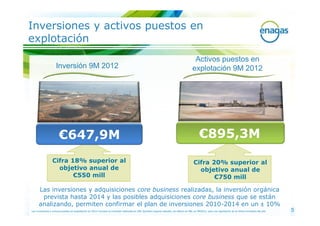 Inversiones y activos puestos en
explotación
                                                                                                                                          Activos puestos en
                    Inversión 9M 2012                                                                                                    explotación 9M 2012




                       €647,9M                                                                                                                 €895,3M
                 Cifra 18% superior al                                                                                                    Cifra 20% superior al
                   objetivo anual de                                                                                                        objetivo anual de
                        €550 mill                                                                                                                €750 mill

      Las inversiones y adquisiciones core business realizadas, la inversión orgánica
       prevista hasta 2014 y las posibles adquisiciones core business que se están
      analizando, permiten confirmar el plan de inversiones 2010-2014 en un ± 10%
Las inversiones y activos puestos en explotación en 2012 incluyen la inversión realizada en GNL Quintero (equity+deuda), sin efecto en P&L en 9M2012, pero con aportación en el último trimestre del año   5
 