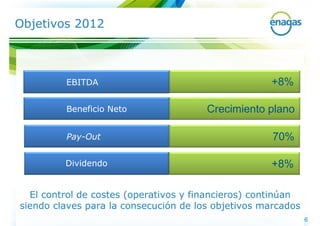 Objetivos 2012



         EBITDA                                     +8%

         Beneficio Neto                Crecimiento plano

         Pay-Out                                     70%

         Dividendo                                  +8%

  El control de costes (operativos y financieros) continúan
siendo claves para la consecución de los objetivos marcados
                                                              6
 