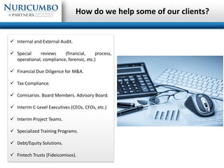  Internal and External Audit.
 Special reviews (financial, process,
operational, compliance, forensic, etc.)
 Financial...